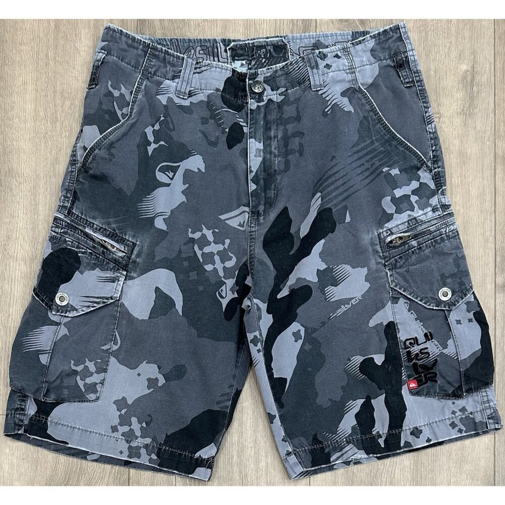 Vintage Y2K Quicksilver Cargo Shorts Men’s 30 Gray Camouflage w/Pockets & Zipper